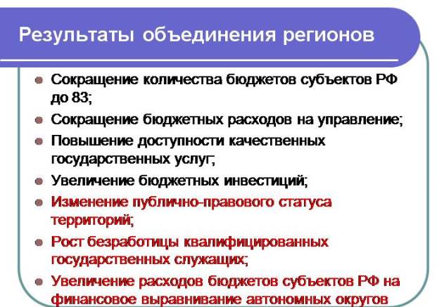 Объединение регионов. Причины объединения субъектов РФ. Недостатки объединения регионов. Процесс объединения регионов РФ. Процесс укрупнения субъектов РФ.